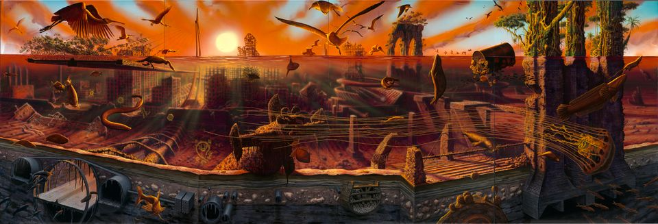 A distopian painting of the East River showing the remains of the Brooklyn Bridge and the many life forms that have taken over the landscape. The sun sets in the background, bathing the scene in orange light.