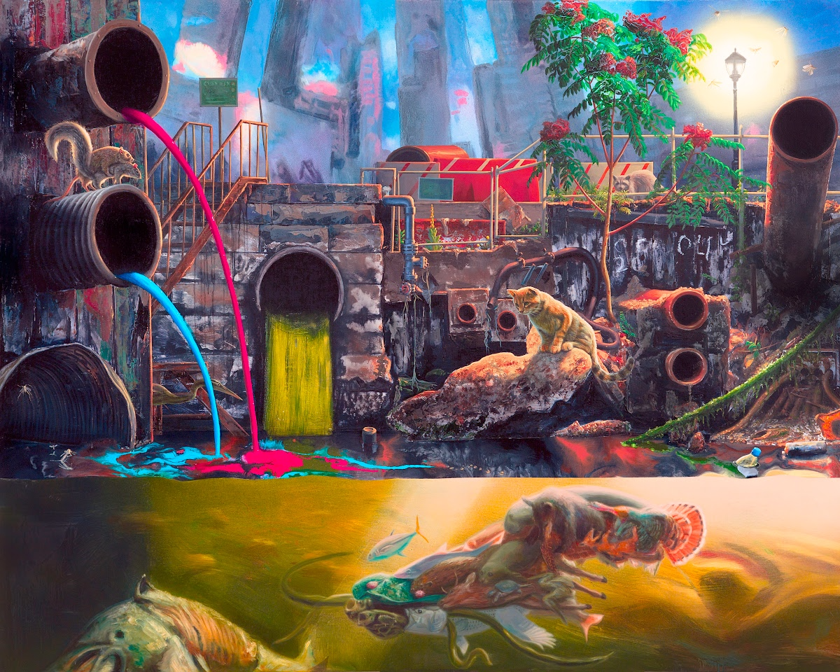 A bright, colorful scene of multicolored toxic sludge pouring out of pipes into a river. Tall city buildings rise up in the background.