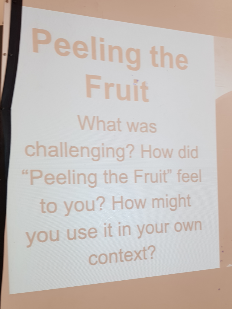 Projection on the wall says "Peeling the Fruit...What was challenging? How did "Peeling the Fruit" feel to you? How might you use it in your own context?"